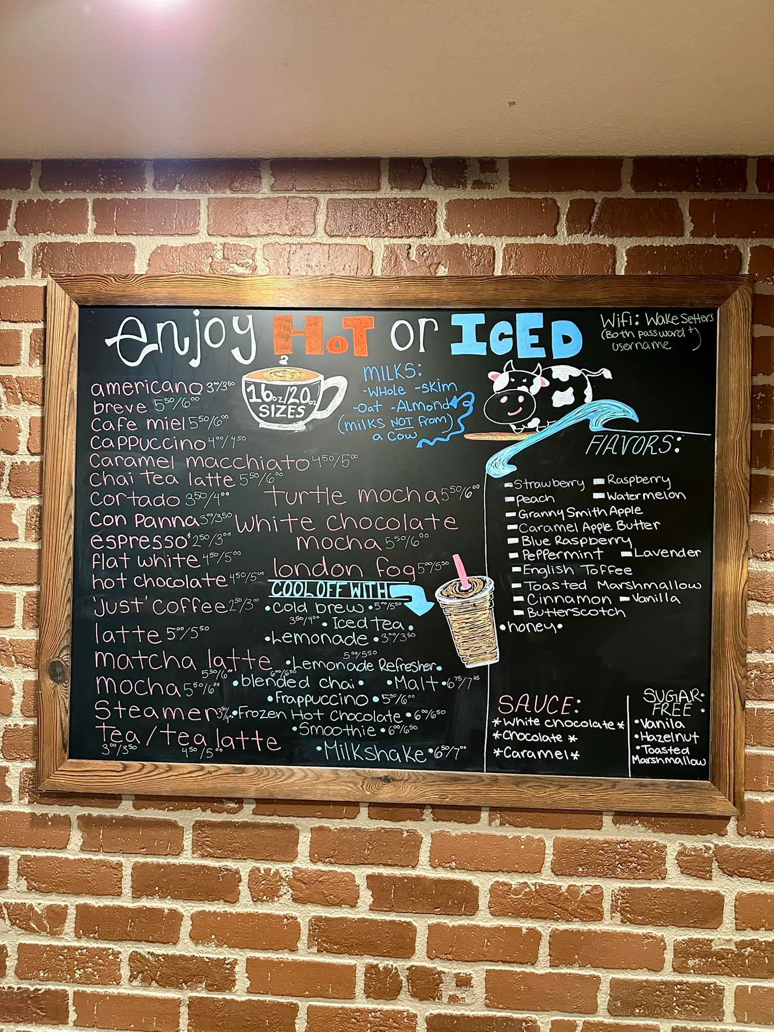 Hand-lettered Wake Setters drink menu chalkboard